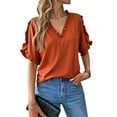 thumbnail image 1 of Womens Ruffle Short Sleeve Summer Tops Loose V Neck T-Shirt Dressy Casual Solid Blouses Orange S, 1 of 6