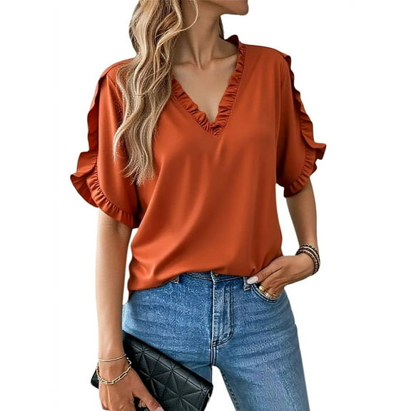 Womens Ruffle Short Sleeve Summer Tops Loose V Neck T-Shirt Dressy Casual Solid Blouses Orange S
