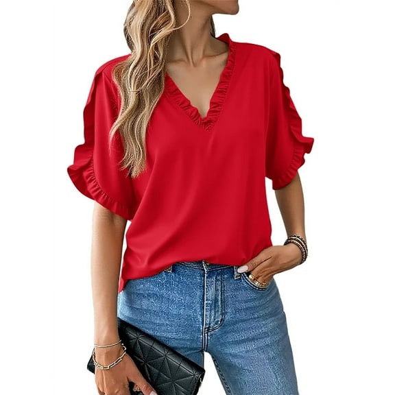 Womens Ruffle Short Sleeve Summer Tops Loose V Neck T-Shirt Dressy Casual Solid Blouses Red XL