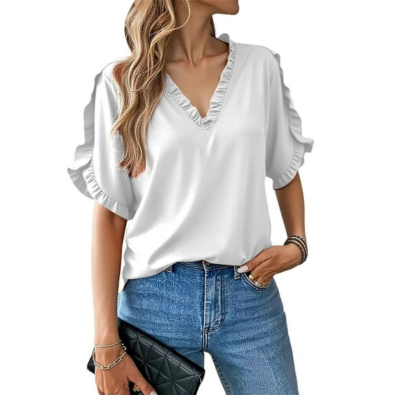 Womens Ruffle Short Sleeve Summer Tops Loose V Neck T-Shirt Dressy Casual Solid Blouses White M