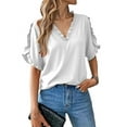 thumbnail image 1 of Womens Ruffle Short Sleeve Summer Tops Loose V Neck T-Shirt Dressy Casual Solid Blouses White XXL, 1 of 4