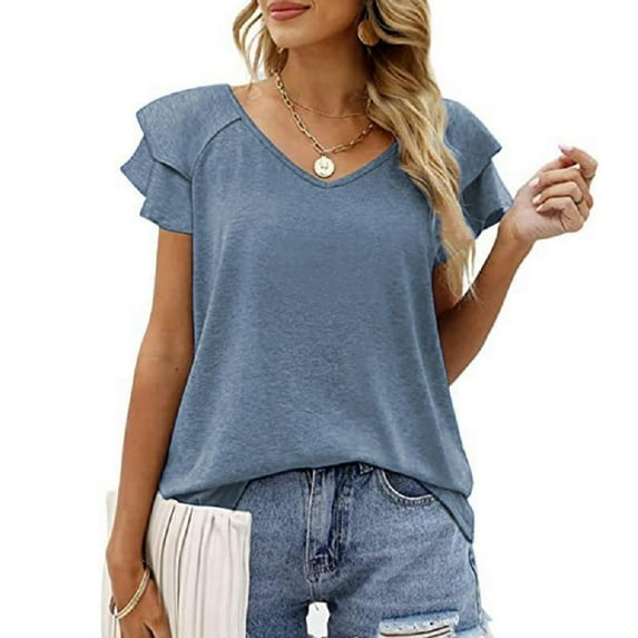 Womens Ruffle Sleeve T Shirts Petal Sleeve V Neck Casual Tees Summer Basic Tops
