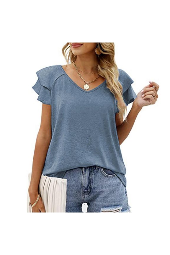 Womens Ruffle Sleeve T Shirts Petal Sleeve V Neck Casual Tees Summer Basic Tops