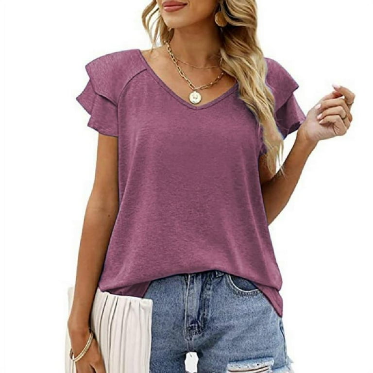 Womens Ruffle Sleeve T Shirts Petal Sleeve V Neck Casual Tees Summer Basic Tops