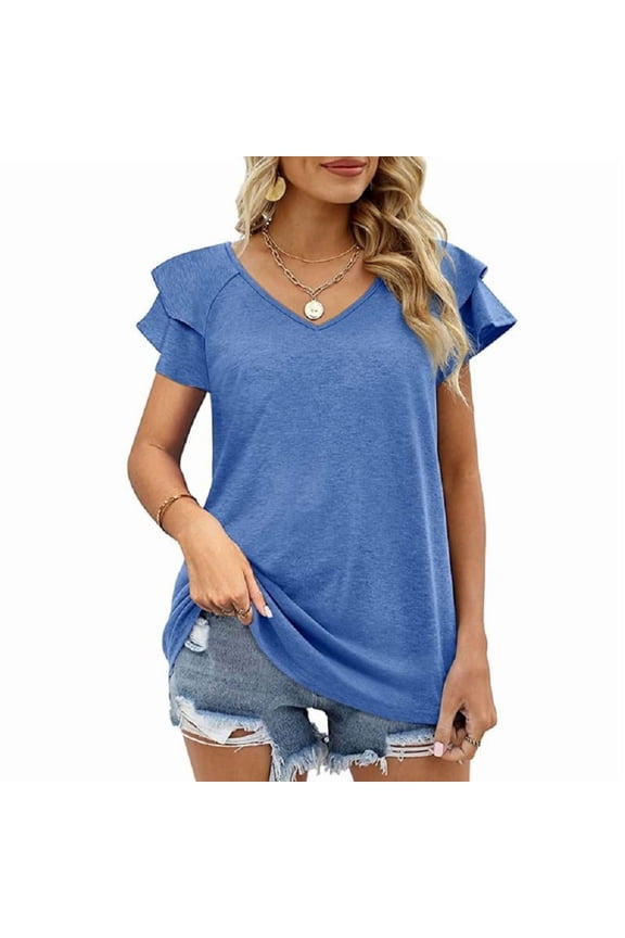 Womens Ruffle Sleeve T Shirts Petal Sleeve V Neck Casual Tees Summer Basic Tops