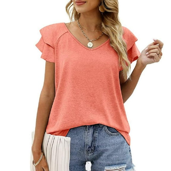 Womens Ruffle Sleeve T Shirts Petal Sleeve V Neck Casual Tees Summer Basic Tops