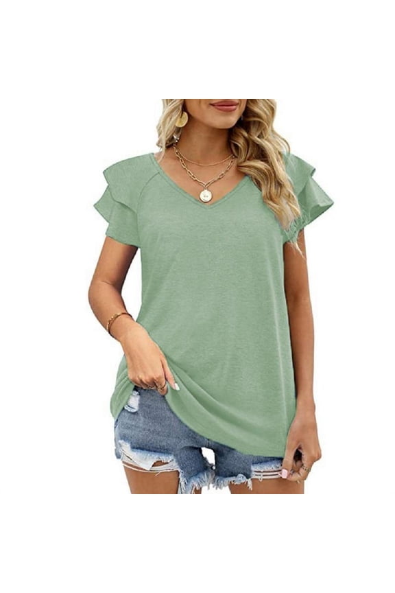 Womens Ruffle Sleeve T Shirts Petal Sleeve V Neck Casual Tees Summer Basic Tops