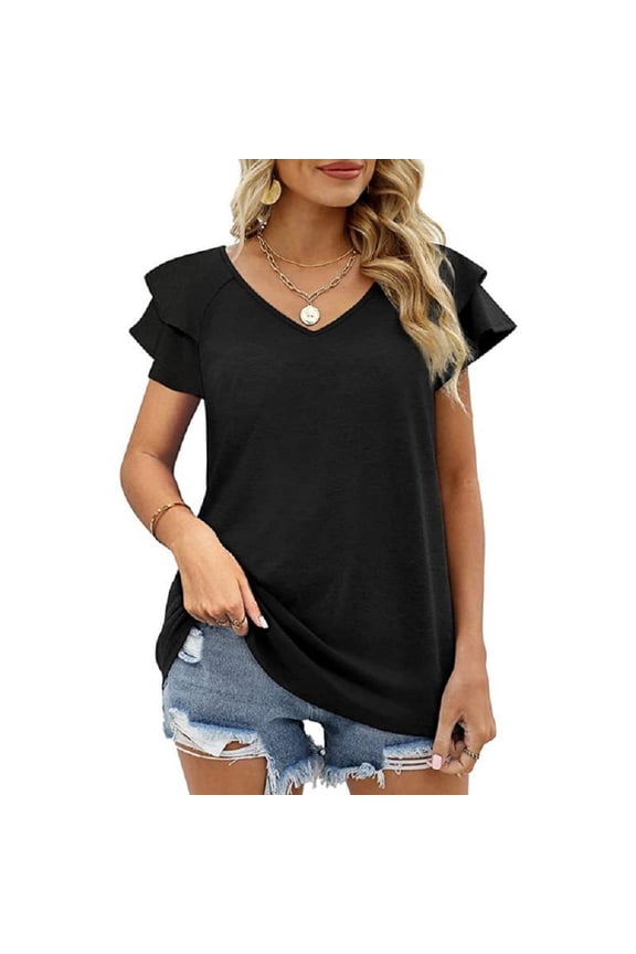 Womens Ruffle Sleeve T Shirts Petal Sleeve V Neck Casual Tees Summer Basic Tops