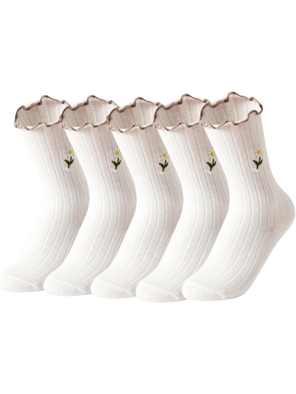Womens Ruffle Socks Breathable Soft Knit Cotton Sock Cute Embroidery Flower Crew Socks 5 Pairs
