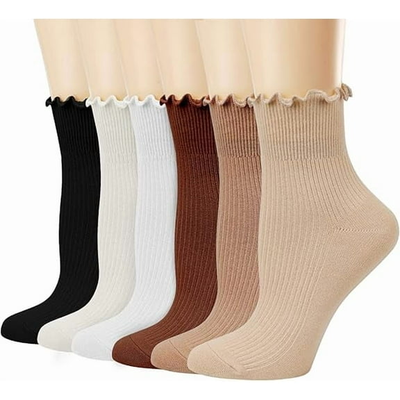 Womens Ruffle Socks,Casual Cute Ankle Socks Breathable Knit Cotton Soft Frilly Crew Socks for Women 6 Pack