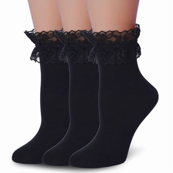 Womens Ruffle Socks Fancy Lace Trim Ankle Socks Breathable Super Soft Black 3 Pairs
