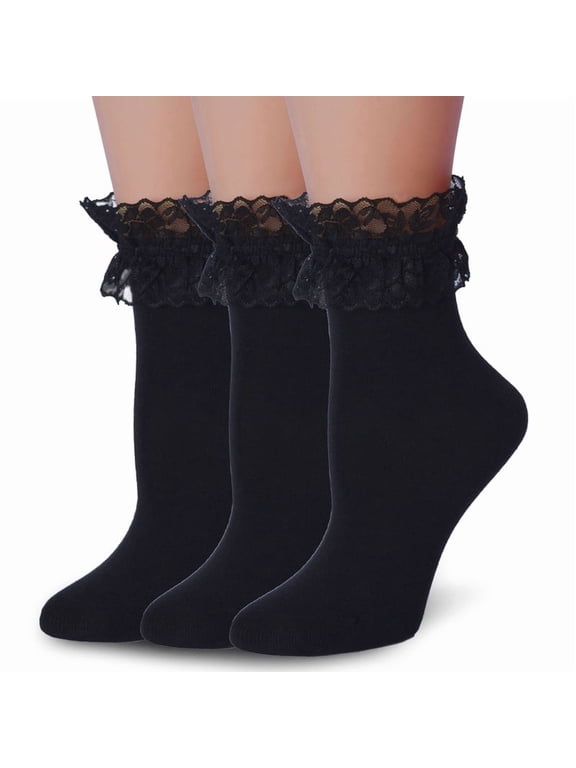 Womens Ruffle Socks Fancy Lace Trim Ankle Socks Breathable Super Soft Black 3 Pairs