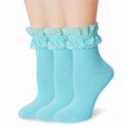 thumbnail image 1 of Womens Ruffle Socks Fancy Lace Trim Ankle Socks Breathable Super Soft Blue 3 Pairs, 1 of 5