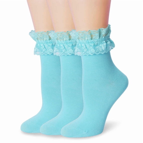 Womens Ruffle Socks Fancy Lace Trim Ankle Socks Breathable Super Soft Blue 3 Pairs