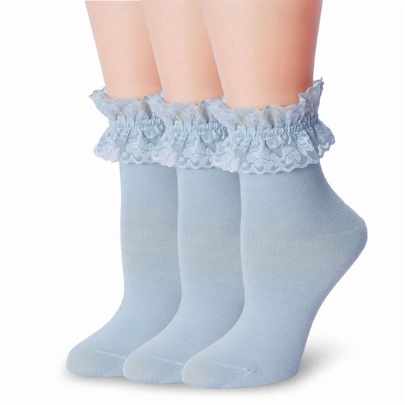 Womens Ruffle Socks Fancy Lace Trim Ankle Socks Breathable Super Soft Denim Blue 3 Pairs