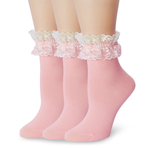 Womens Ruffle Socks Fancy Lace Trim Ankle Socks Breathable Super Soft Pink 3 Pairs
