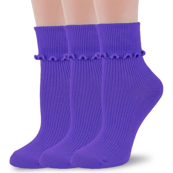 Womens Ruffle Socks Fashion Breathable Solid Color Turn-Cuff Cute Girls Ankle Socks 3 Pairs
