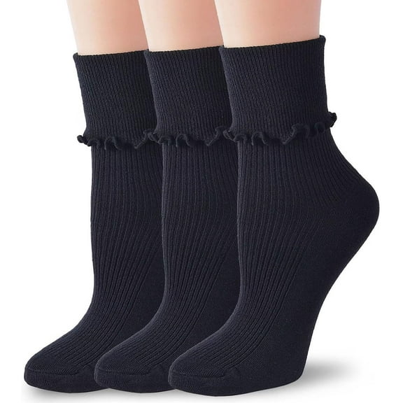 Womens Ruffle Socks Fashion Breathable Solid Color Turn-Cuff Cute Girls Ankle Socks 3 Pairs