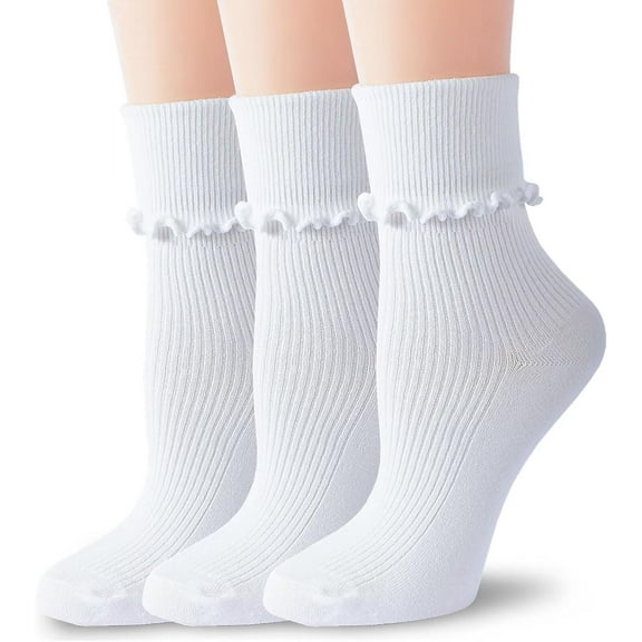 Womens Ruffle Socks Fashion Breathable Solid Color Turn-Cuff Cute Girls Ankle Socks 3 Pairs