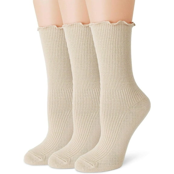 Womens Ruffle Socks Fashion Breathable Solid Color Turn-Cuff Cute Girls Ankle Socks 3 Pairs