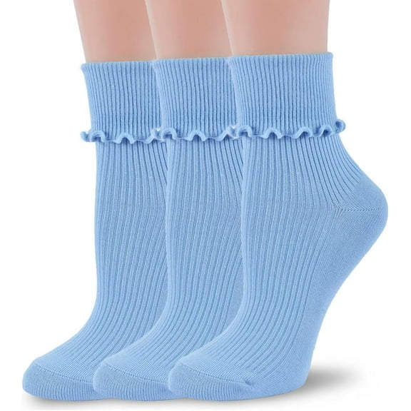 Womens Ruffle Socks Fashion Breathable Solid Color Turn-Cuff Cute Girls Ankle Socks 3 Pairs