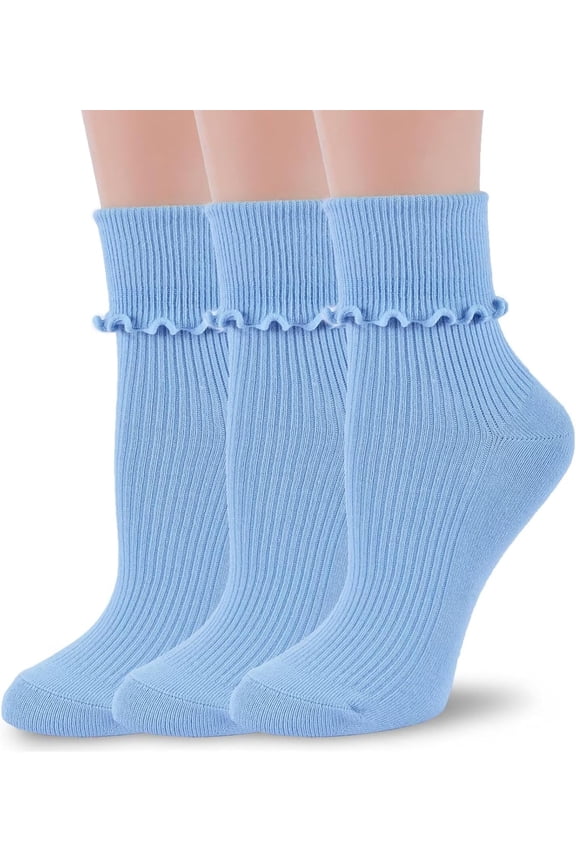 Womens Ruffle Socks Fashion Breathable Solid Color Turn-Cuff Cute Girls Ankle Socks 3 Pairs