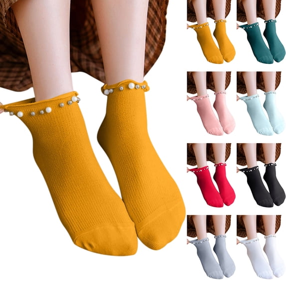 Womens Ruffle Socks Mid Tube Socks with Pearl Cute Socks Women Thick Socks Non Slip Cotton Socks Ankle Sock for Women Green One Size
