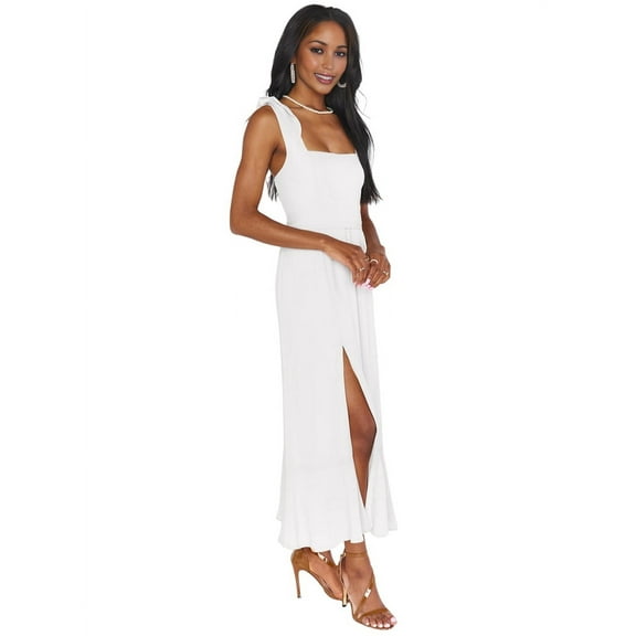 Womens Ruffle Square Neck Split Summer Dress Wedding Party Bridesmaid Night Out Dresses Cream White L