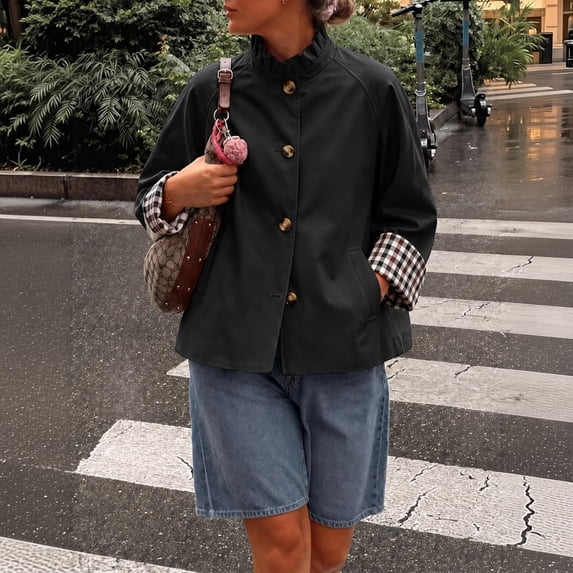 Womens Ruffle Stand Collar Short Trench Coat Single Breasted Cropped Jackets With Plaid Cuffs, 2XL