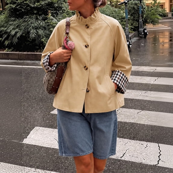 Womens Ruffle Stand Collar Short Trench Coat Single Breasted Cropped Jackets With Plaid Cuffs, M