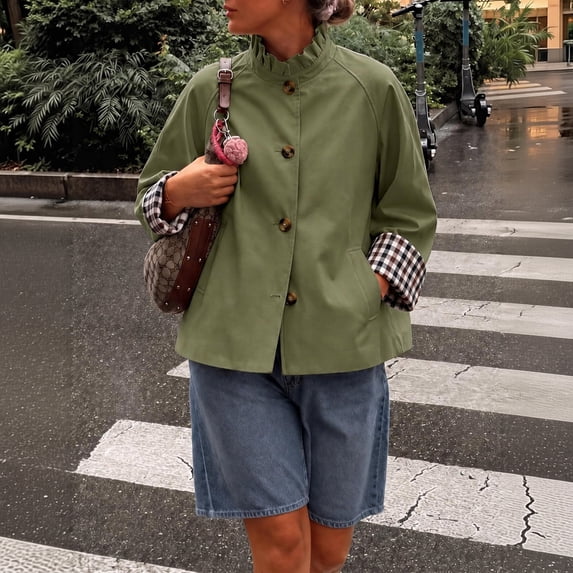 Womens Ruffle Stand Collar Short Trench Coat Single Breasted Cropped Jackets With Plaid Cuffs, XL