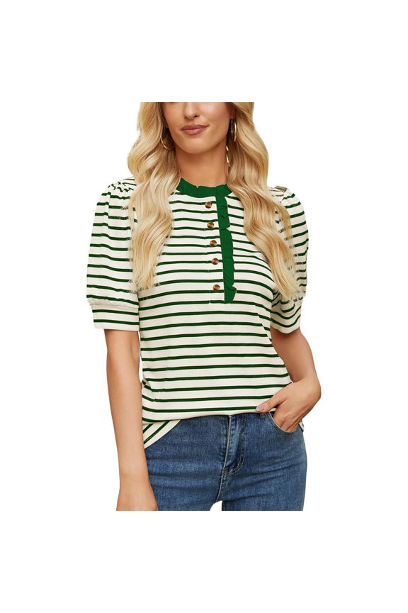 Womens Ruffle Striped Shirt Half Button Down T-shirt Short Puff Sleeve Stand Collar Casual Loose Summer Work Top