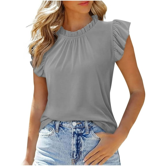Womens Ruffle Summer Tops, Cap Short Sleeve Shirts for Women Casual Loose Fit Solid Color Crewneck Dressy Blouses
