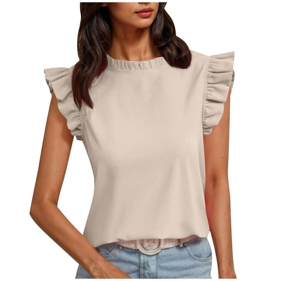 Womens Ruffle Summer Tops, Cap Short Sleeve Shirts for Women Casual Solid Color Crewneck Dressy Blouses