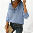 thumbnail image 1 of Womens Ruffle Sweaters Fall Winter Cute 3/4 Sleeve Button Ruffle Neck Casual Knitted Pullover Tops Sky Blue 5XL, 1 of 5