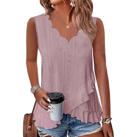 Womens Ruffle Tank Tops V Neck Sleeveless Shirts Solid Color Curved Cross Hem Vest, 2XL