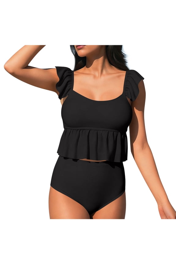 Womens Ruffle Tankini Swimsuit 2 Piece Set High Waisted Tummy Control Peplum Top Retro Modest Bathing Suit Black,Size M