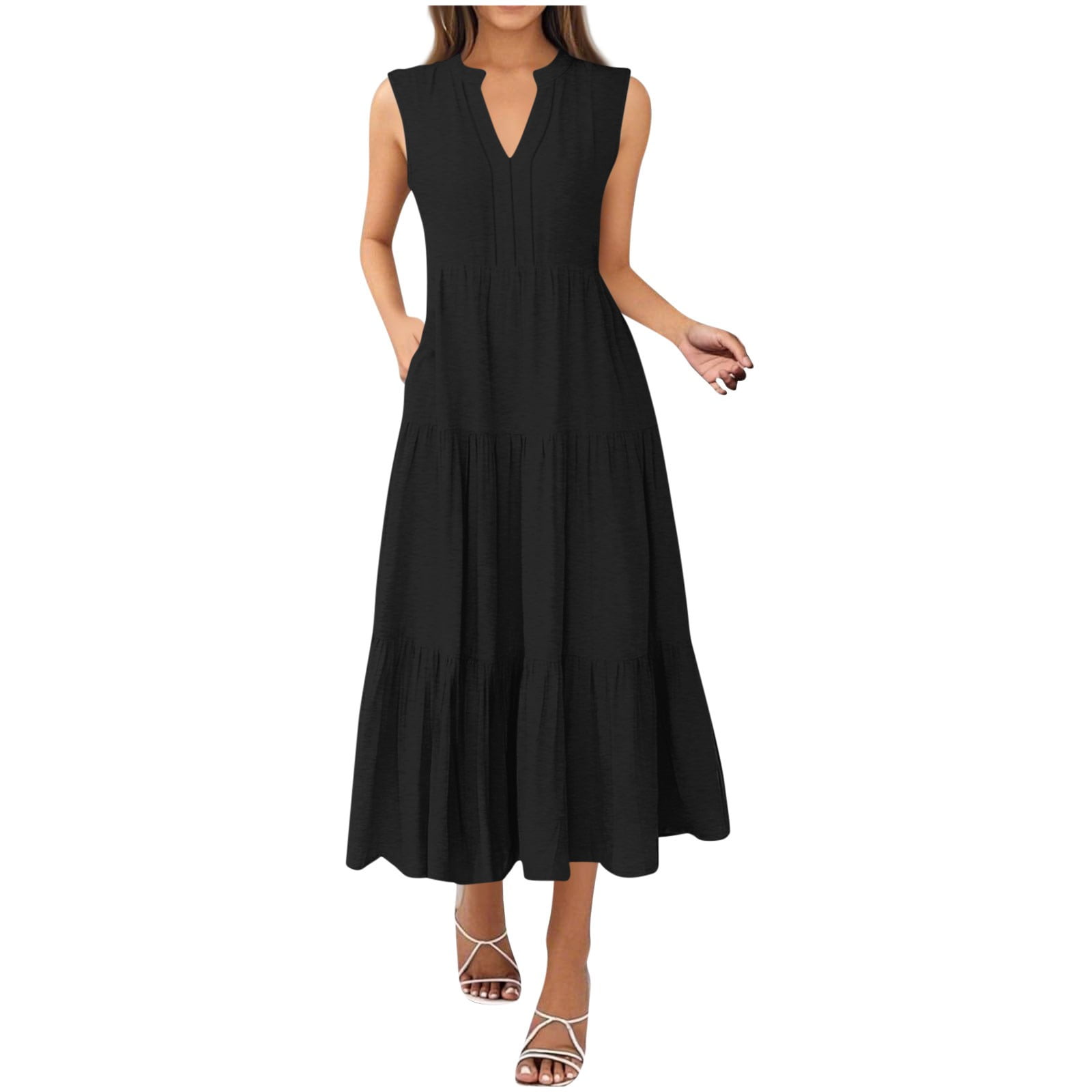 Womens Ruffle Tiered Maxi Dress Sleeveless V Neck Summer Casual Tank  Sundress Cozy Flowy Long Dress (M, Black) - Walmart.com
