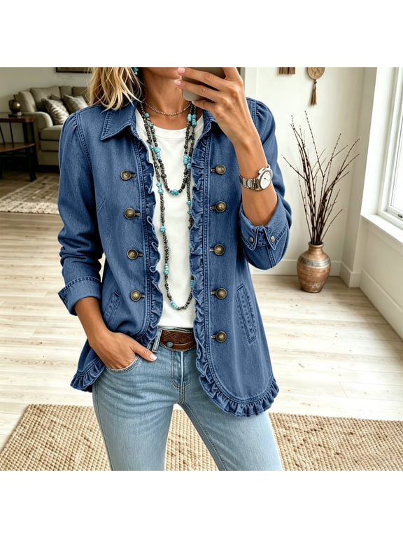 Womens Ruffle Trim Denim Blazer Jacket Lapel Collar Long Sleeve Vintage Single Breasted Solid Color Western Casual Outerwear Blue S