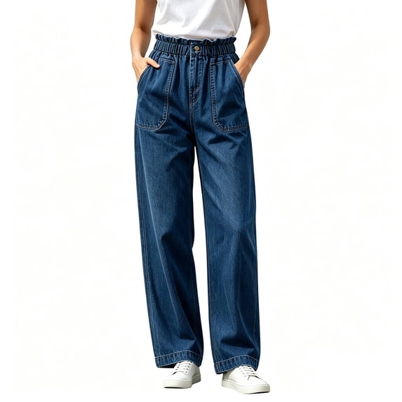 Womens Ruffle Trim Denim Jeans With Pockets For Fashion Everyday Wear Denim Pants For Women