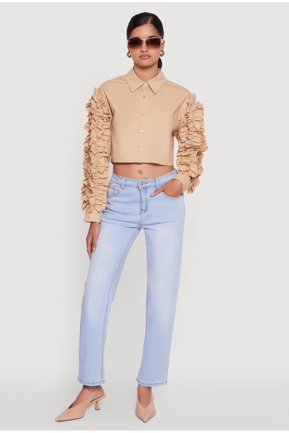 Womens Ruffle Trim Sleeve Cropped Button Front Shirt