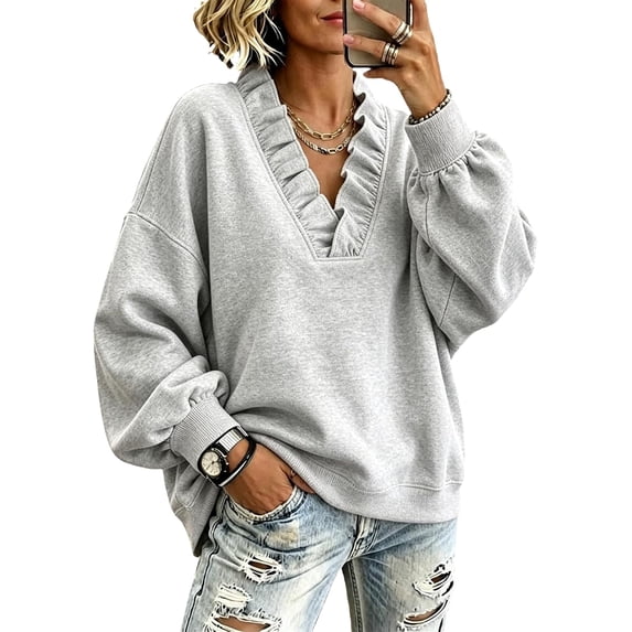 Womens Ruffle V Neck Long Sleeve Loose Fit Pullover Sweatshirt, Long Sleeve Drop Shoulder Relaxed Fit Soft Casual Pullover Sweatshirt