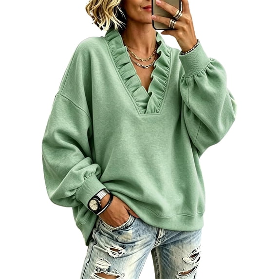 Womens Ruffle V Neck Long Sleeve Loose Fit Pullover Sweatshirt, Long Sleeve Drop Shoulder Relaxed Fit Soft Casual Pullover Sweatshirt