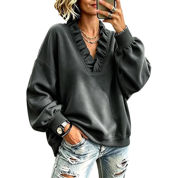 Womens Ruffle V Neck Long Sleeve Loose Fit Pullover Sweatshirt, Long Sleeve Drop Shoulder Relaxed Fit Soft Casual Pullover Sweatshirt