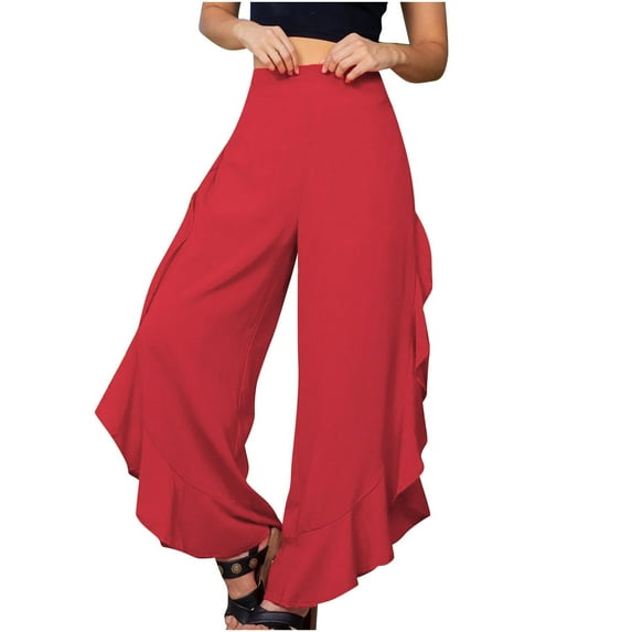 Womens Ruffle Wide Leg Pants High Waist Solid Color Palazzo Pants Casual Loose Flowy Summer Beach Lounge Trousers Ladies Clothes