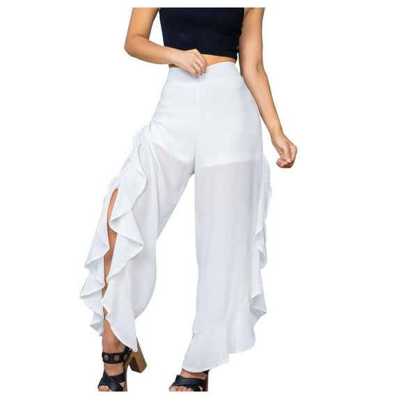 Womens Ruffle Wide Leg Pants High Waist Solid Color Palazzo Pants Casual Loose Flowy Summer Beach Lounge Trousers Ladies Clothes