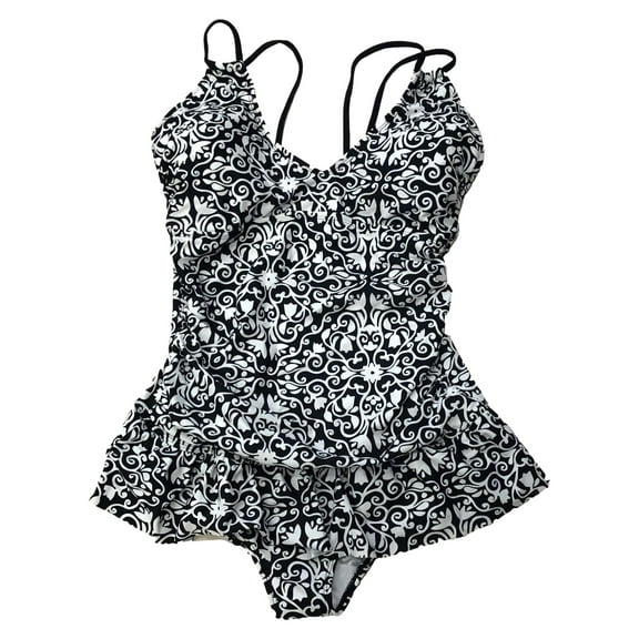 Womens Ruffled Black & White Floral Paisley 1 Piece Swimming Swim Suit 14