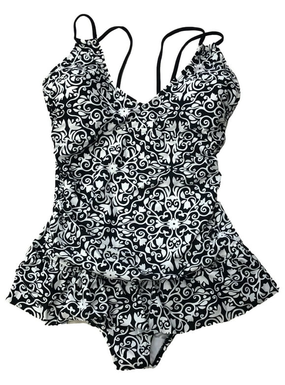 Womens Ruffled Black & White Floral Paisley 1 Piece Swimming Swim Suit 14