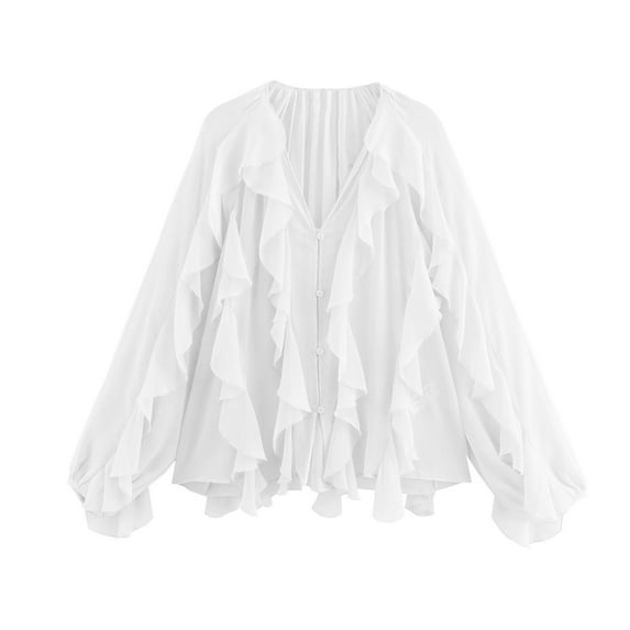 Womens Ruffled Dressy Blouses, Long Sleeve Shirts for Women Casual Vintage Solid Color Chiffon Button Up V Neck T Shirts XS-L