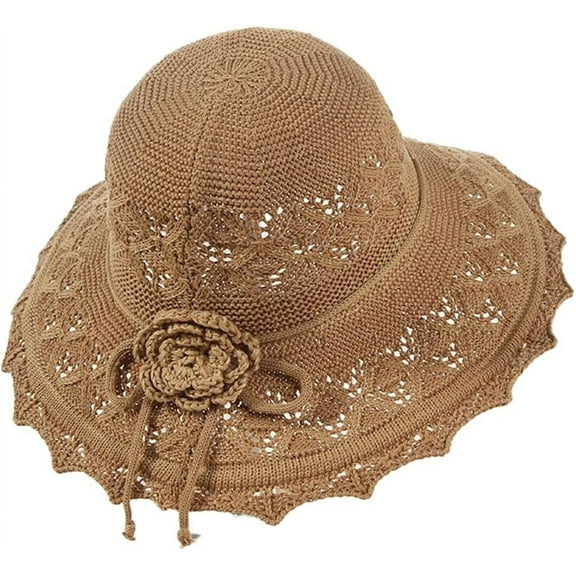 Womens Ruffled Flowers Summer Beach Hat Wide Brim Knitted Sun Hats Foldable Floppy Summer Cap for Travel Decoration